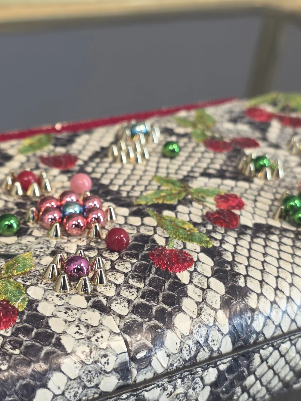 Christian Louboutin White Python-Print Crossbody with Red Cherry Embellishments